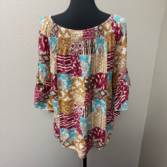 Cato Boho Patchwork Peasant Top Smocked Neck Bell Sleeve Floral Print L - Picture 5 of 10